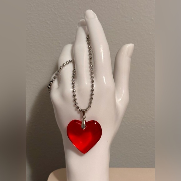 Red Crystal Heart Pendant Necklace Large Glass Heart Shaped Chunky 3D New Beaded - Picture 4 of 9